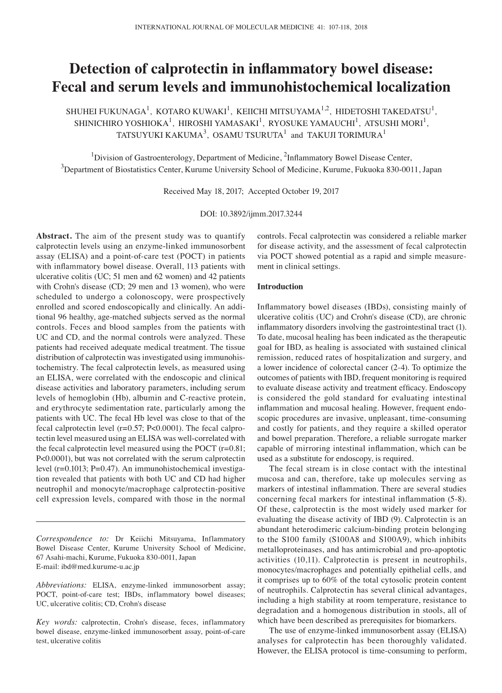 Detection of Calprotectin in Inflammatory Bowel Disease: Fecal and Serum Levels and Immunohistochemical Localization