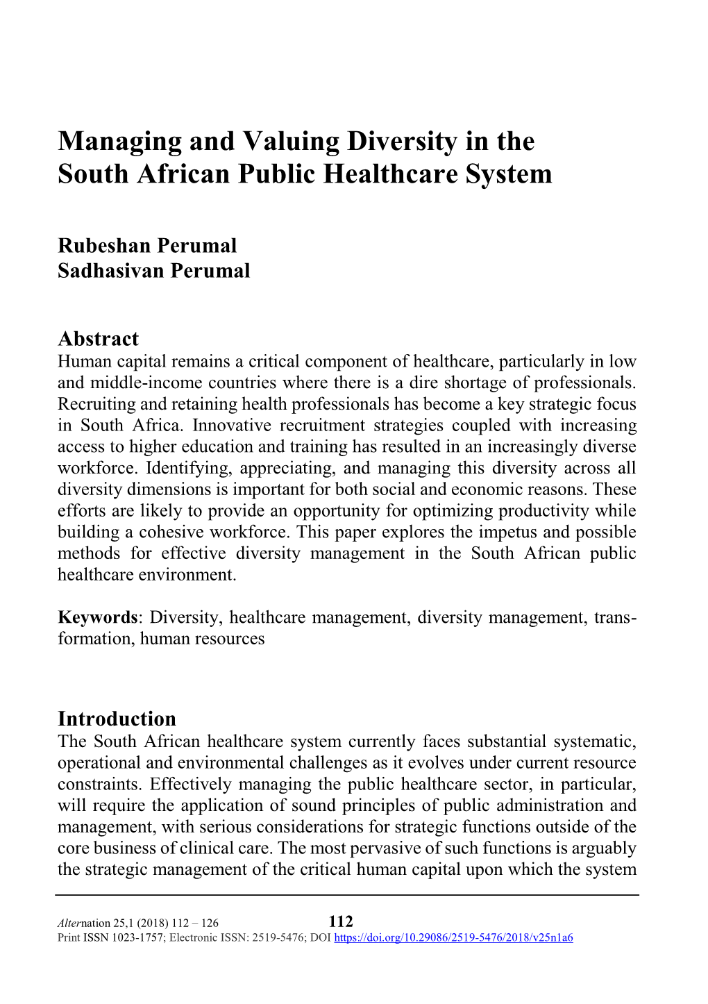 Managing and Valuing Diversity in the South African Public Healthcare System