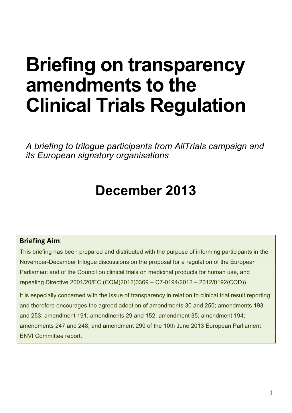 Briefing on Transparency Amendments to the Clinical Trials Regulation