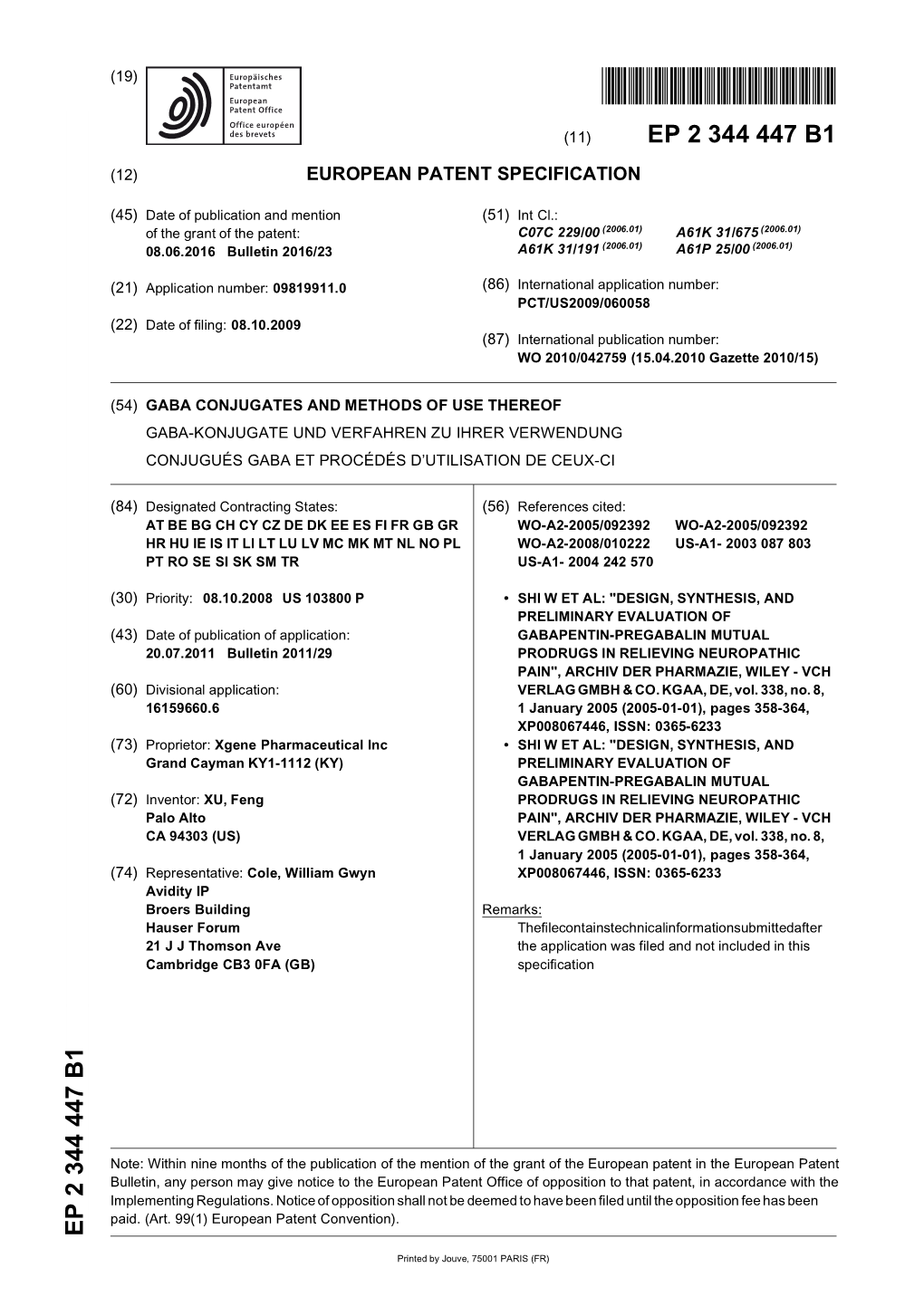 Gaba Conjugates and Methods of Use Thereof Gaba-Konjugate Und Verfahren Zu Ihrer Verwendung Conjugués Gaba Et Procédés D’Utilisation De Ceux-Ci