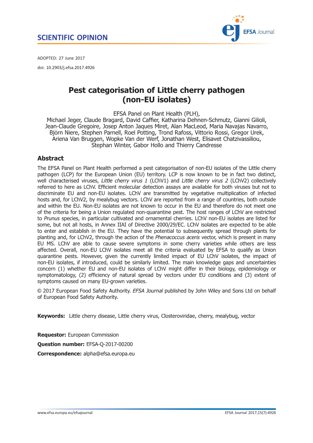 Pest Categorisation of Little Cherry Pathogen (Non&#X2010;EU Isolates)