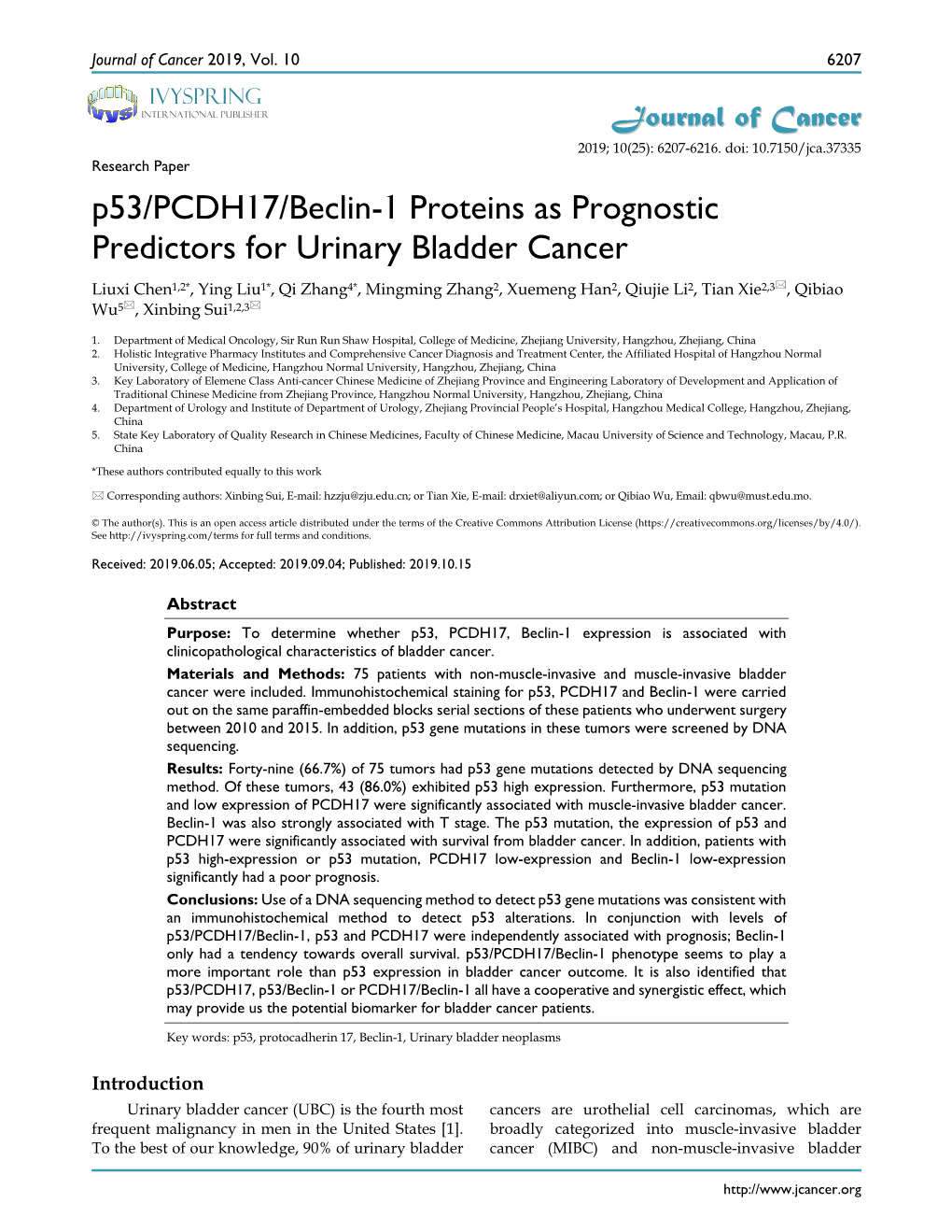 P53/PCDH17/Beclin-1 Proteins As Prognostic Predictors for Urinary