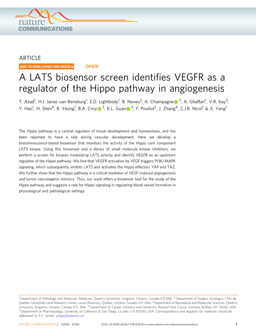 A LATS Biosensor Screen Identifies VEGFR As a Regulator of the Hippo