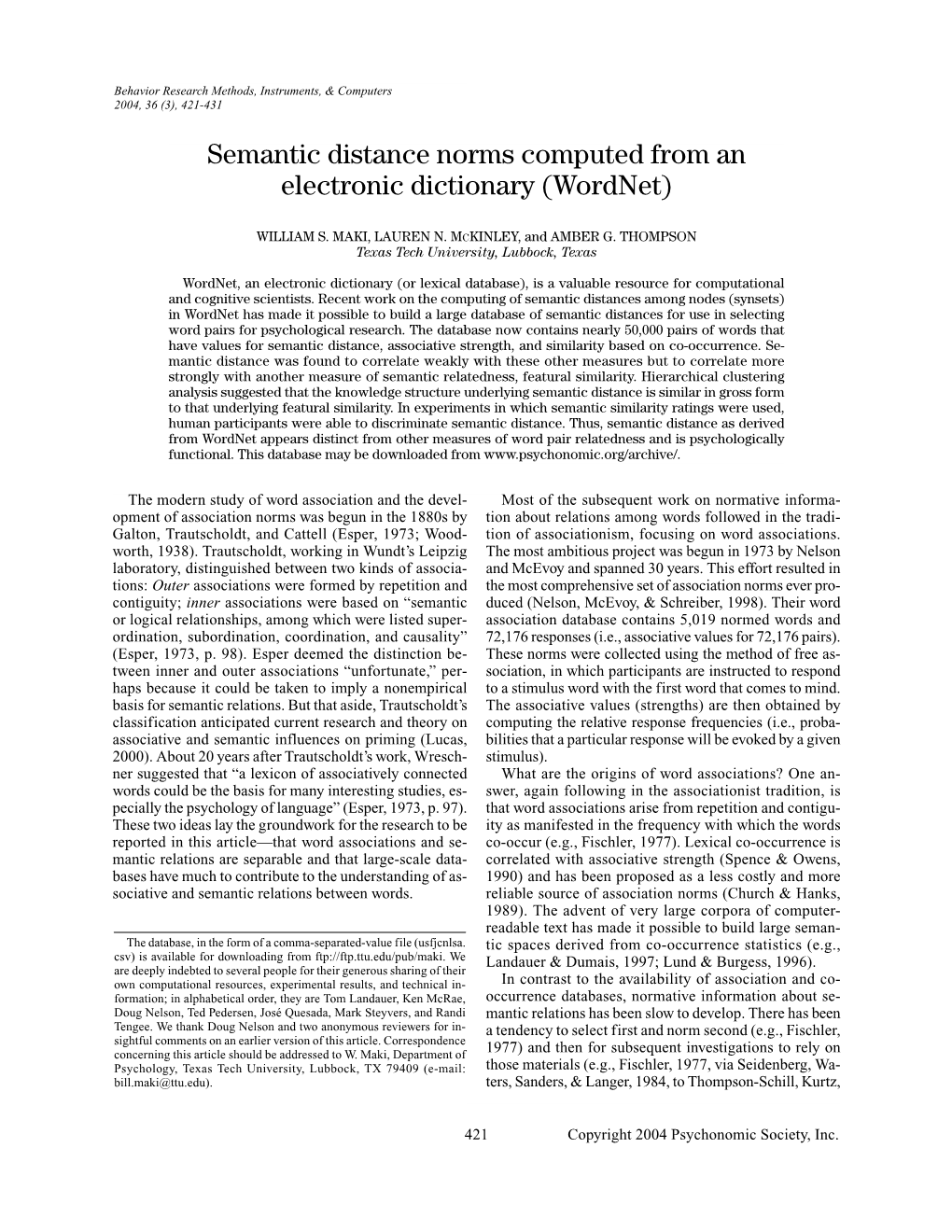 Semantic Distance Norms Computed from an Electronic Dictionary (Wordnet)