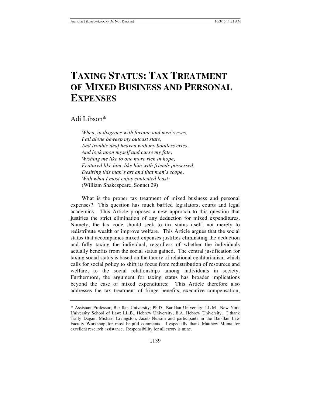 Taxing Status: Tax Treatment of Mixed Business and Personal Expenses