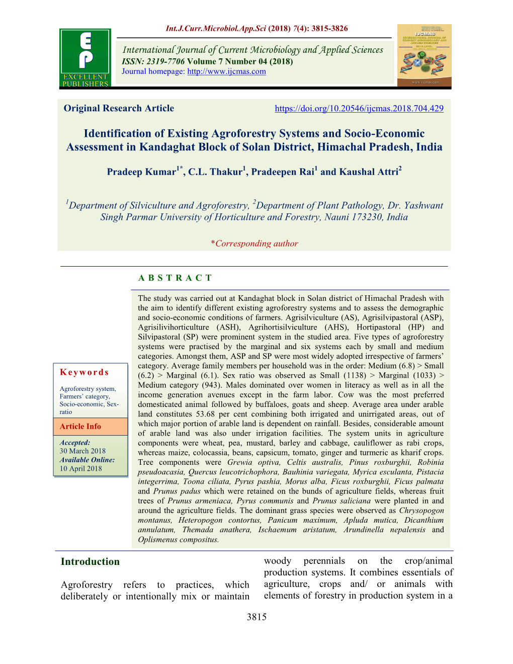 Identification of Existing Agroforestry Systems and Socio-Economic Assessment in Kandaghat Block of Solan District, Himachal Pradesh, India