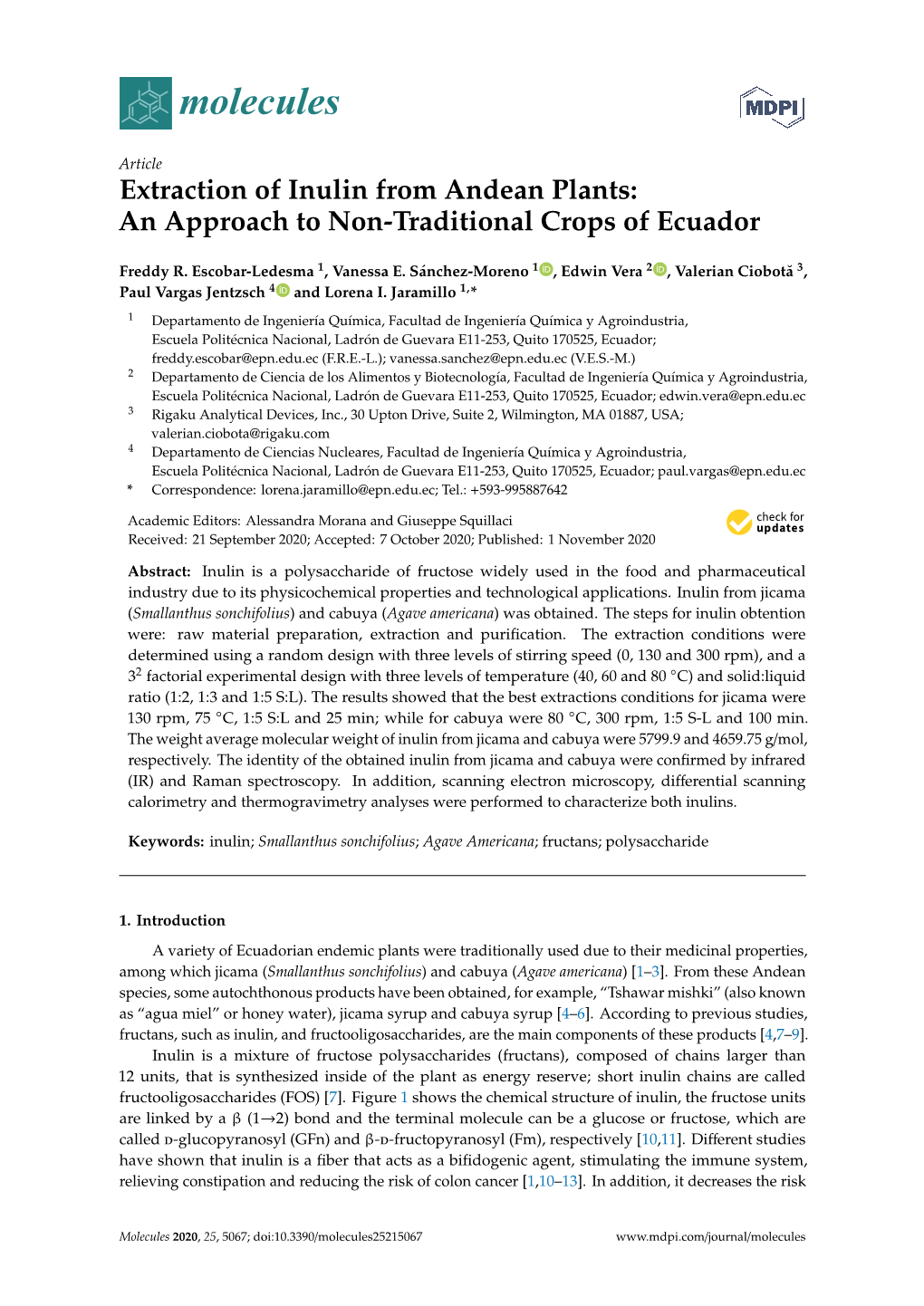 Extraction of Inulin from Andean Plants: an Approach to Non-Traditional Crops of Ecuador