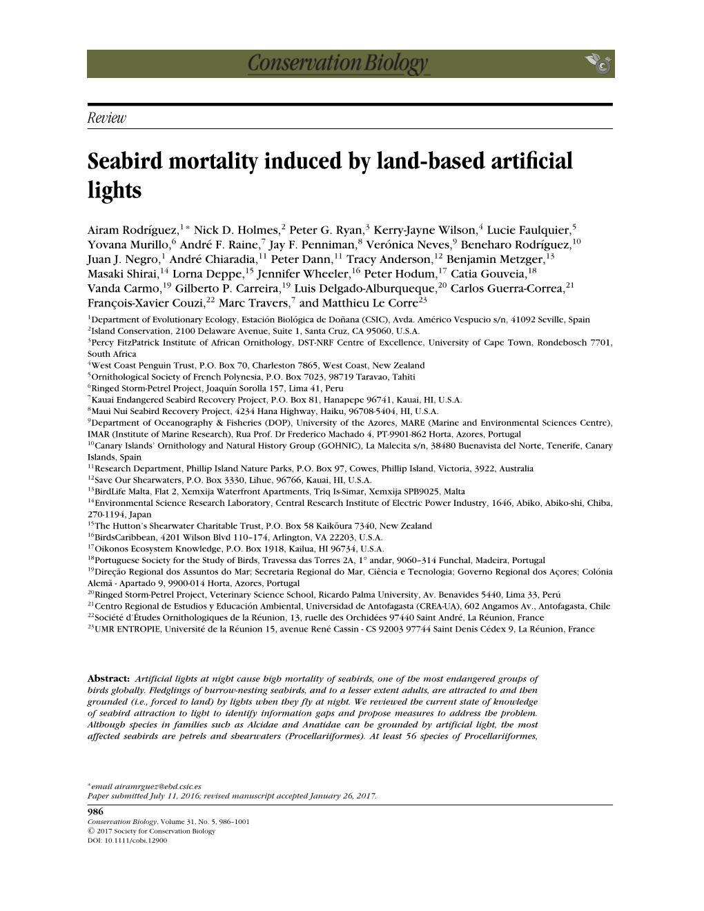 Seabird Mortality Induced by Land-Based Artificial Lights