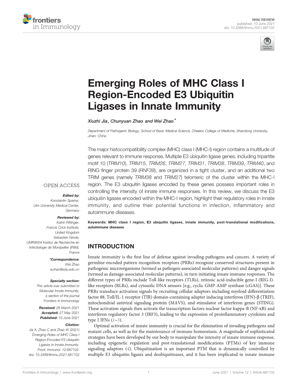 Emerging Roles of MHC Class I Region-Encoded E3 Ubiquitin Ligases in Innate Immunity