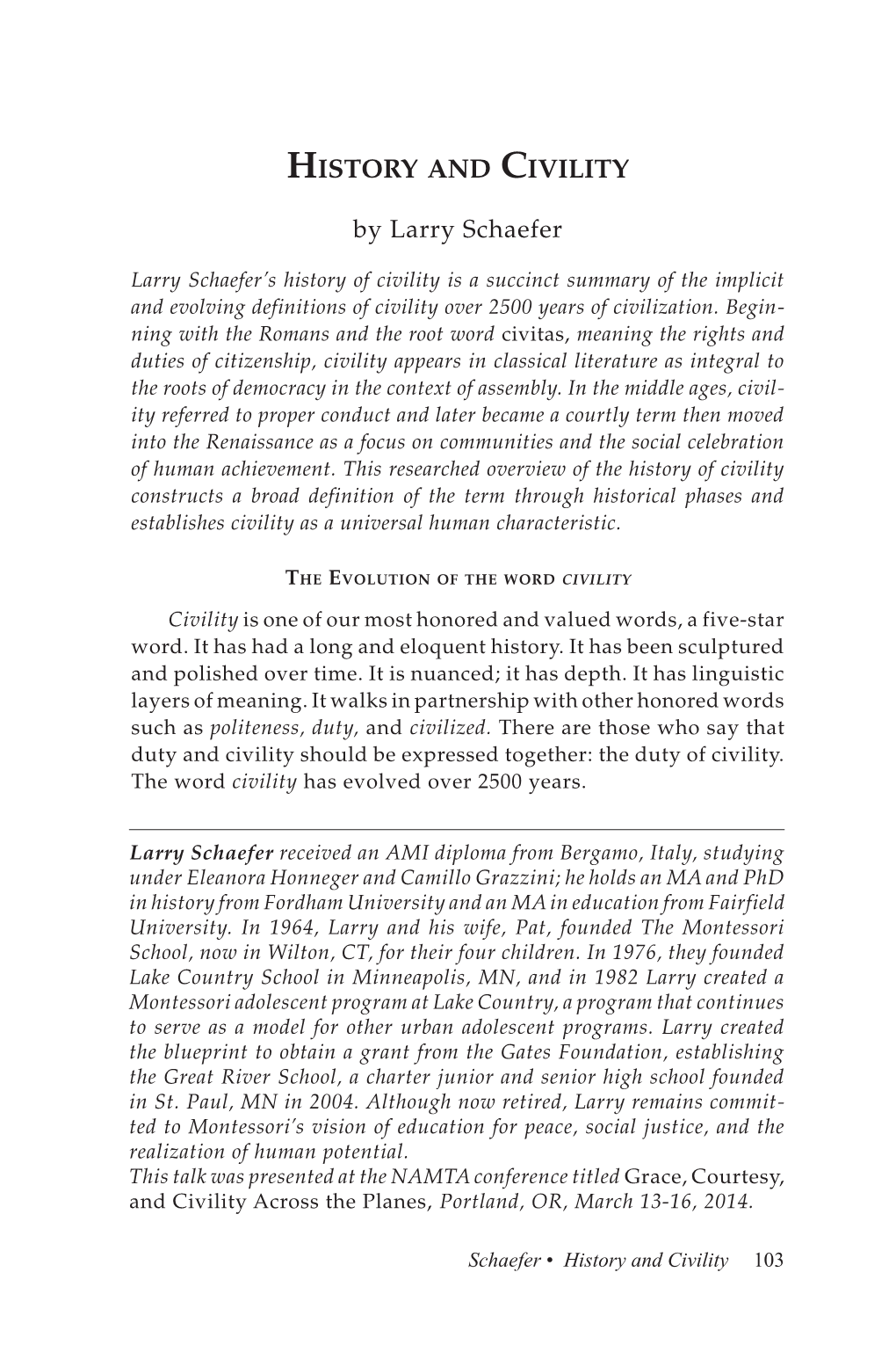 HISTORY and CIVILITY by Larry Schaefer