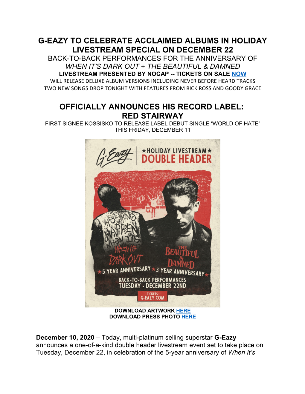 G-Eazy to Celebrate Acclaimed Albums in Holiday Livestream Special on December 22 Officially Announces His Record Label: Red St
