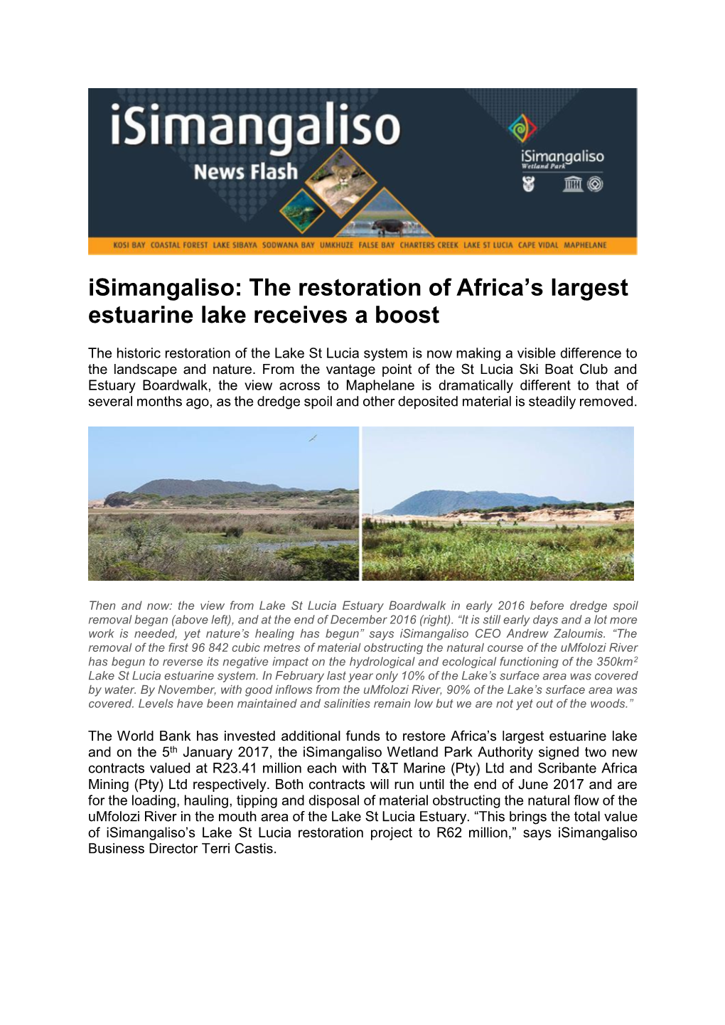 The Restoration of Africa's Largest Estuarine Lake Receives a Boost