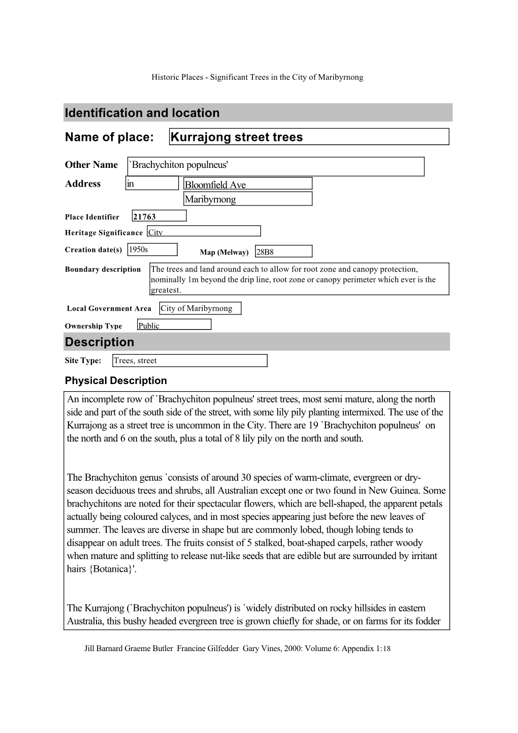 Name of Place: Kurrajong Street Trees Identification and Location Description