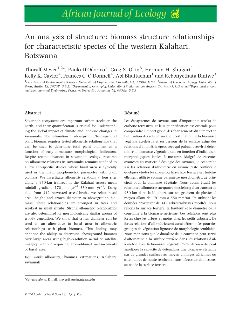 Biomass Structure Relationships for Characteristic Species of the Western Kalahari, Botswana