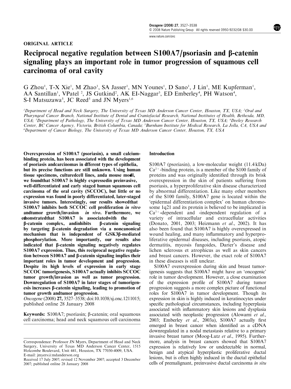 Reciprocal Negative Regulation Between S100A7/Psoriasin and B-Catenin Signaling Plays an Important Role in Tumor Progression of Squamous Cell Carcinoma of Oral Cavity