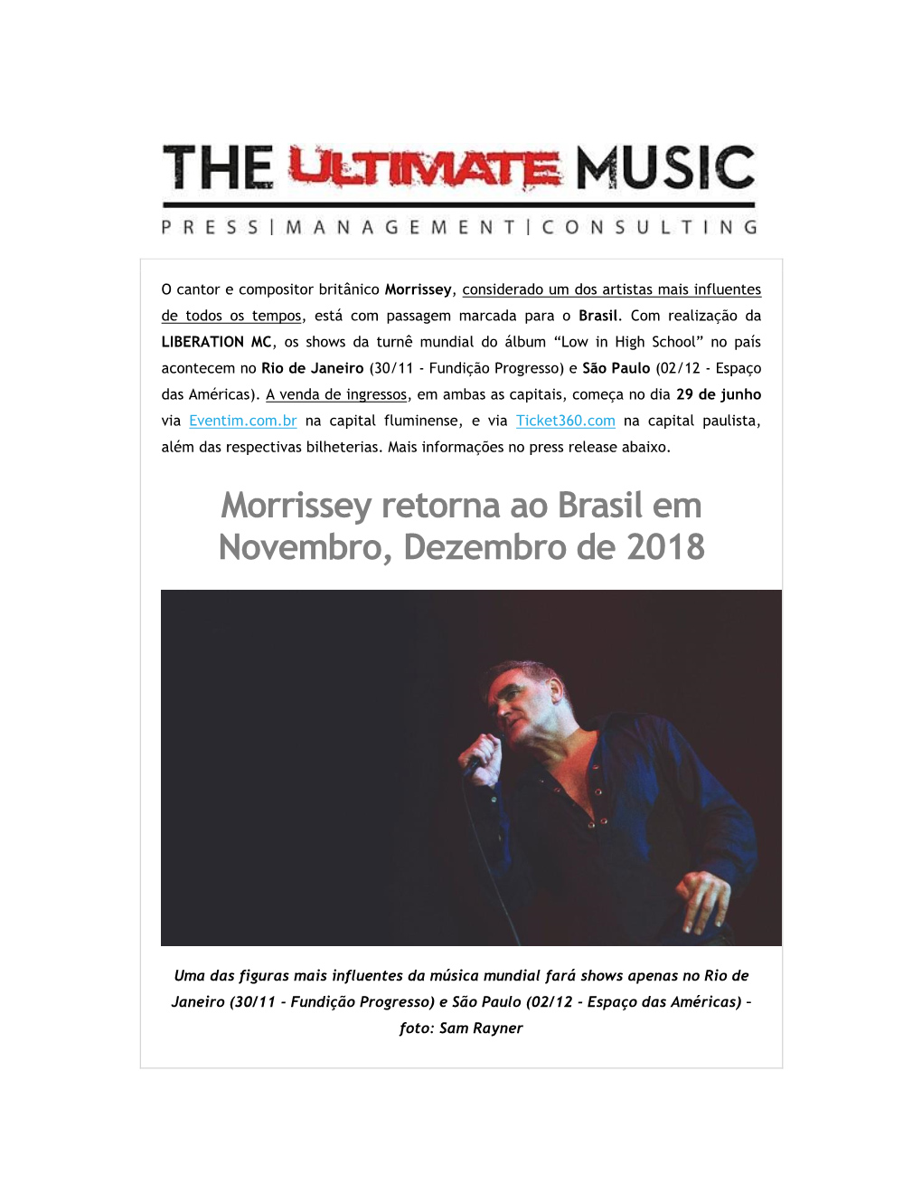 Morrissey Retorna Ao Brasil Em Novembro, Dezembro De 2018
