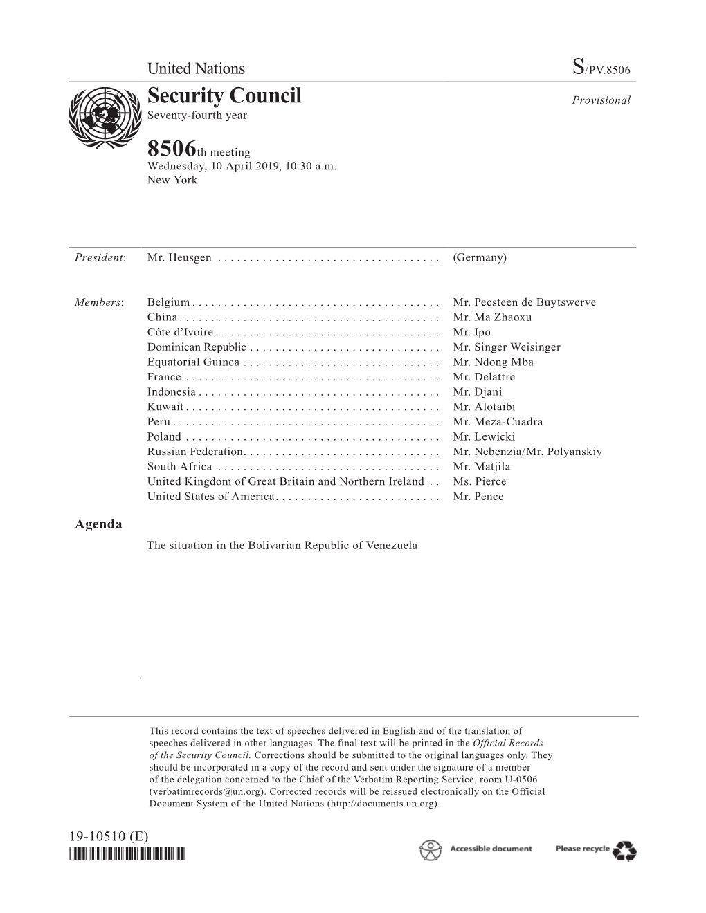 S/PV.8506 the Situation in the Bolivarian Republic of Venezuela 10/04/2019