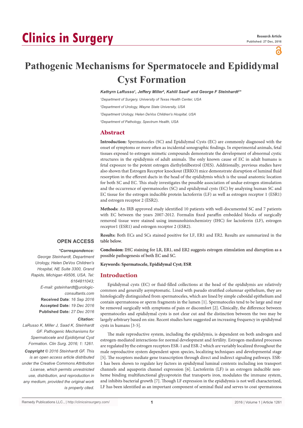Pathogenic Mechanisms for Spermatocele and Epididymal Cyst Formation