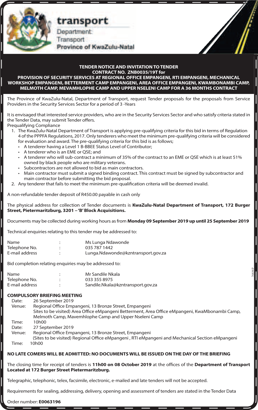 Tender Notice and Invitation to Tender Contract No