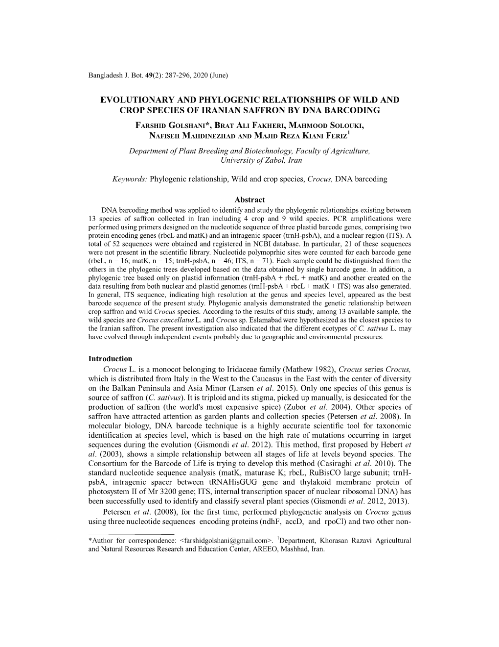 Evolutionary and Phylogenic Relationships of Wild and Crop Species of Iranian Saffron by Dna Barcoding