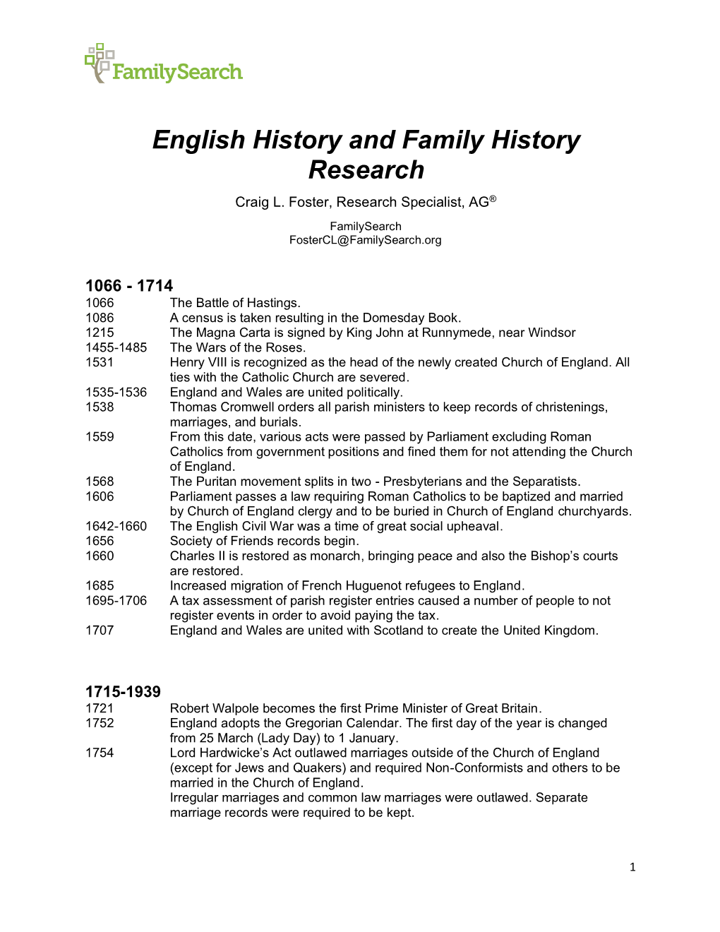 English History and Family History Research Craig L