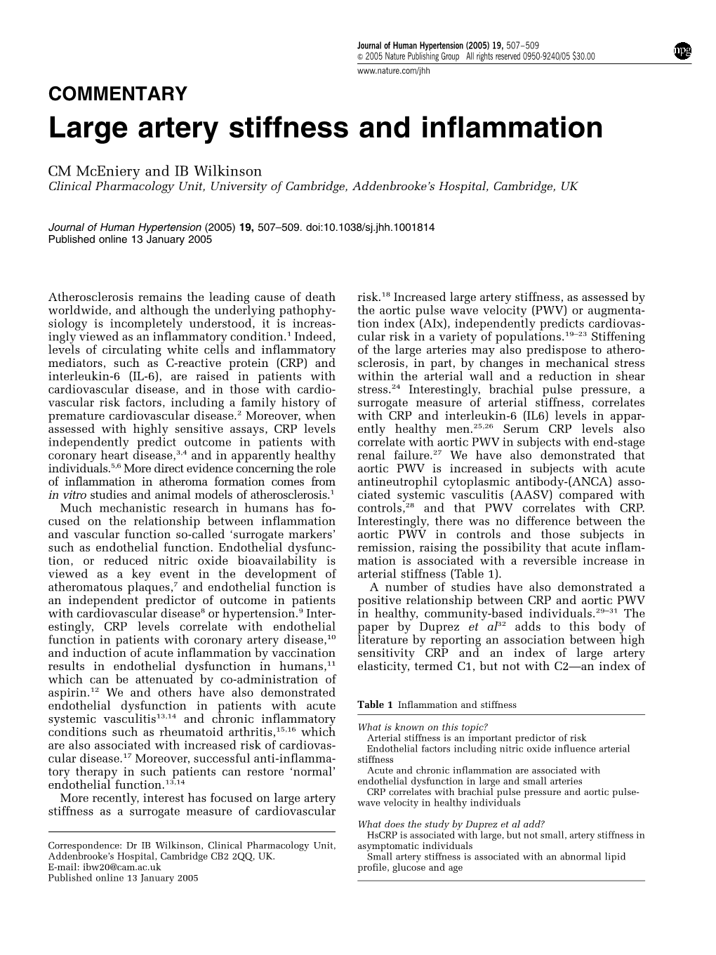 Large Artery Stiffness and Inflammation