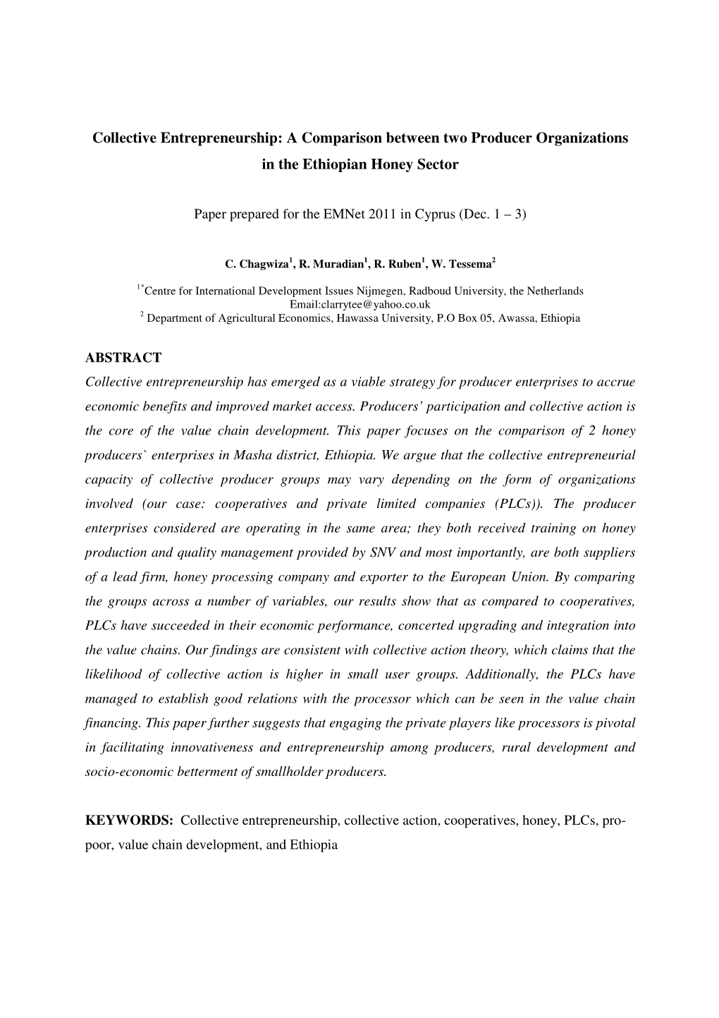 Collective Entrepreneurship: a Comparison Between Two Producer Organizations in the Ethiopian Honey Sector