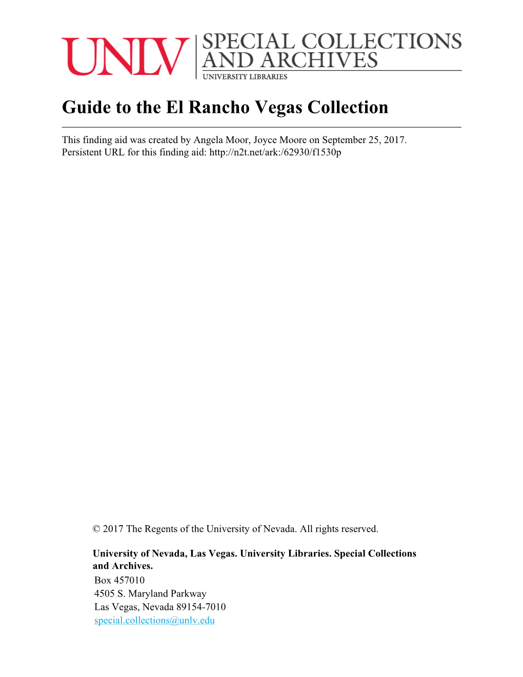 Guide to the El Rancho Vegas Collection