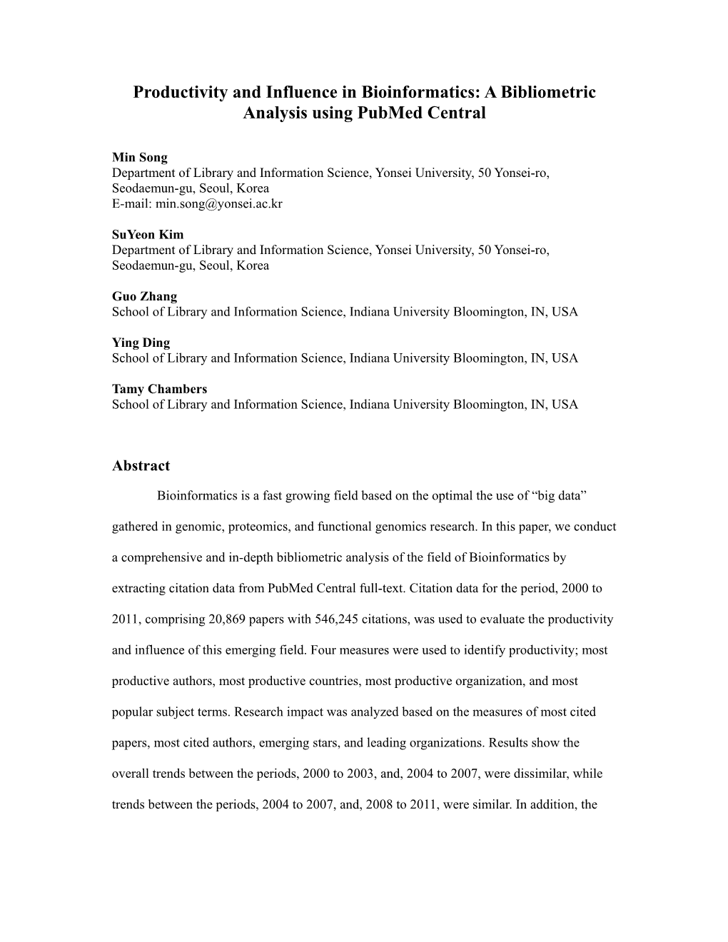 Productivity and Influence in Bioinformatics: a Bibliometric Analysis Using Pubmed Central