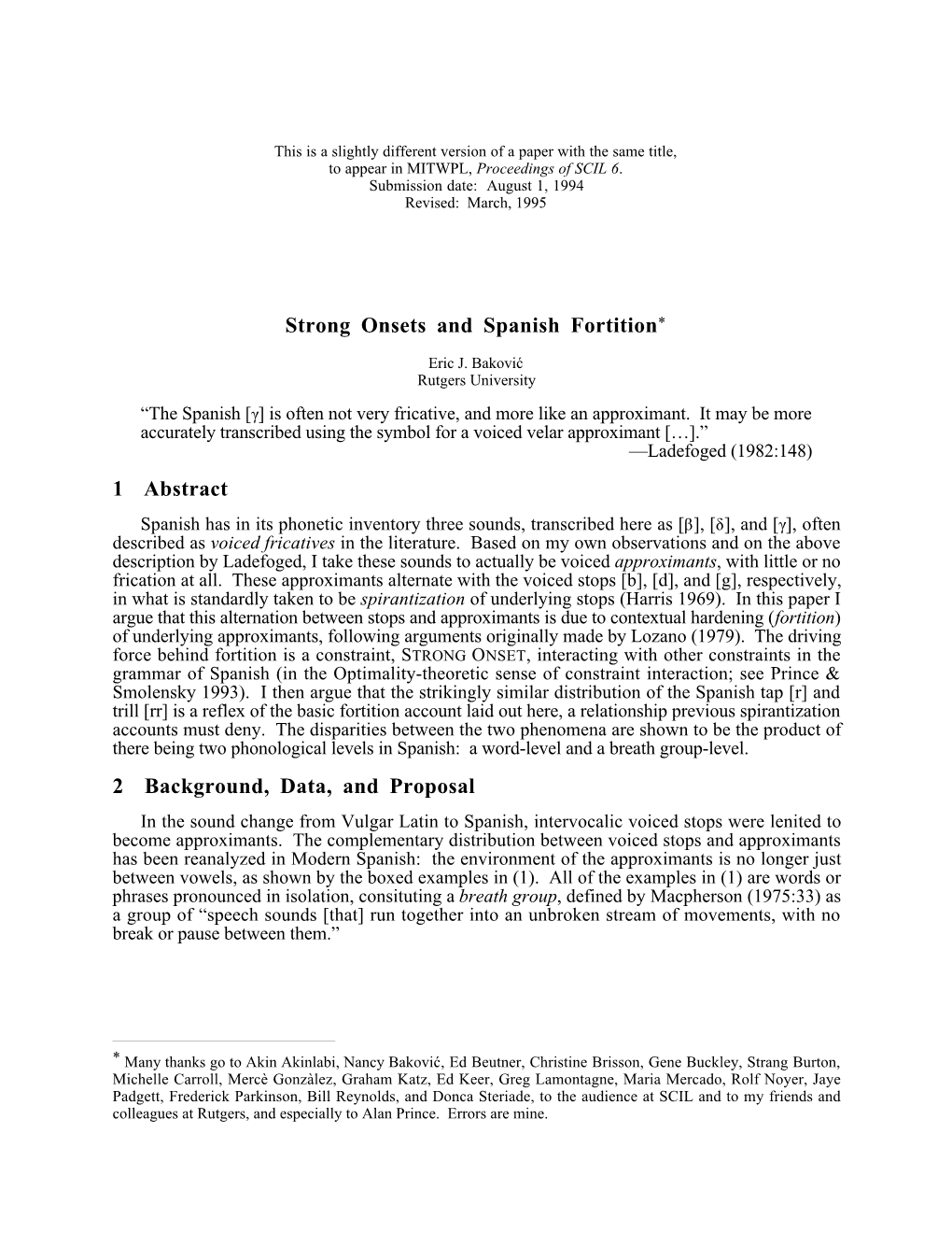 Strong Onsets and Spanish Fortition* 1 Abstract 2 Background, Data, and Proposal