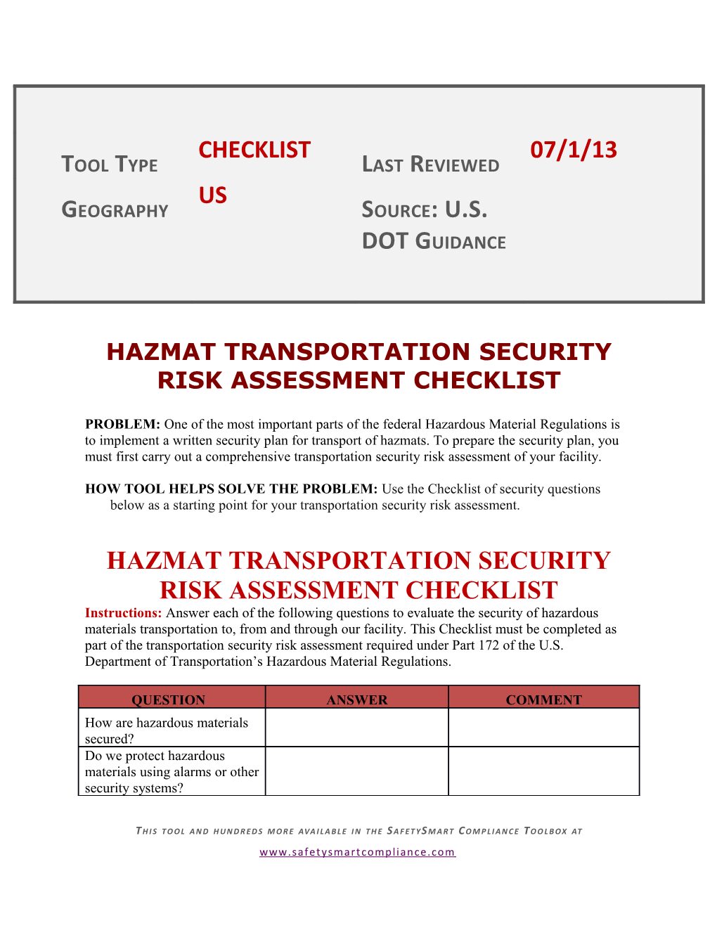 Hazmat Transportation Security Risk Assessment Checklist