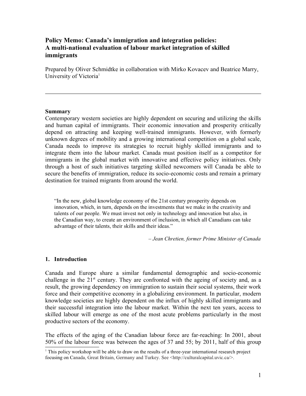 Policy Memo #1: Labour Market Integration of Skilled Immigrants