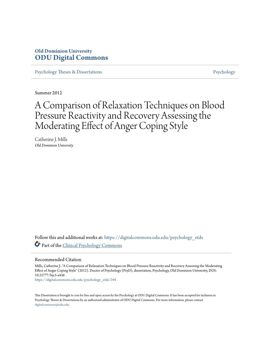 A Comparison of Relaxation Techniques on Blood Pressure Reactivity and Recovery Assessing the Moderating Effect of Anger Coping Style Catherine J