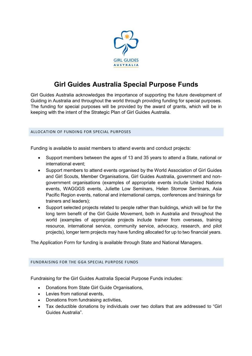 Girl Guides Australia Special Purpose Funds