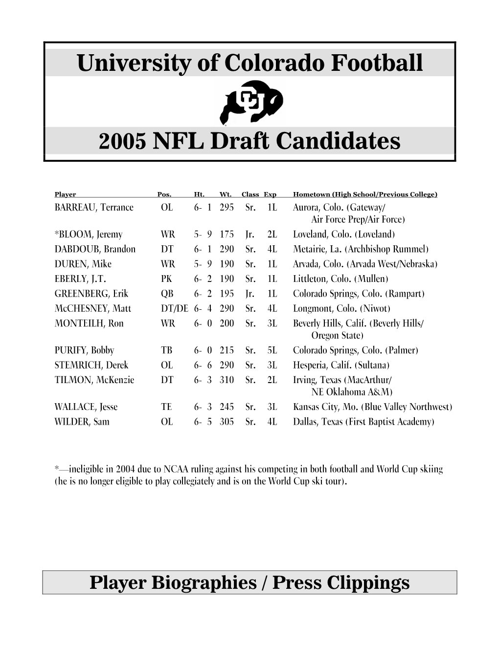 University of Colorado Football 2005 NFL Draft Candidates