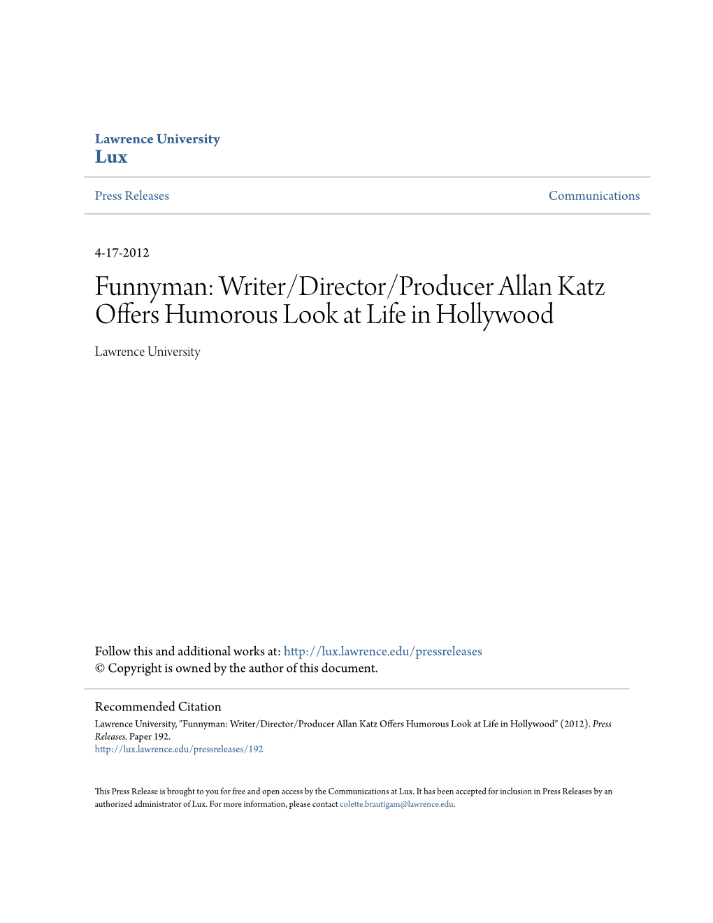 Funnyman: Writer/Director/Producer Allan Katz Offers Humorous Look at Life in Hollywood Lawrence University