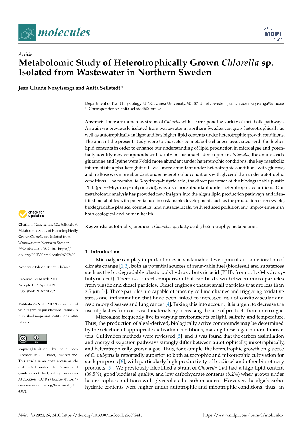 Metabolomic Study of Heterotrophically Grown Chlorella Sp. Isolated from Wastewater in Northern Sweden