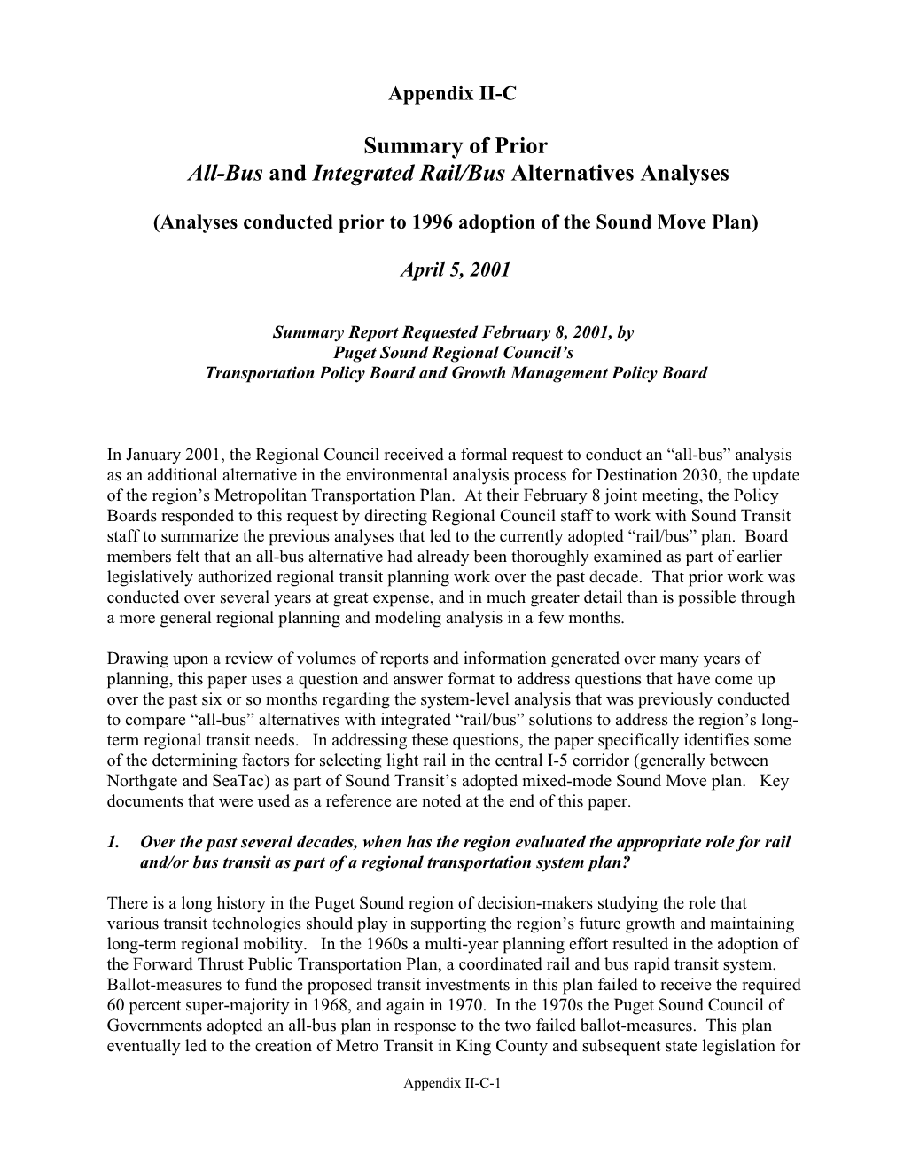 Puget Sound Regional Council Summary Review of Bus Alternatives Analyses Conducted Prior to 1996