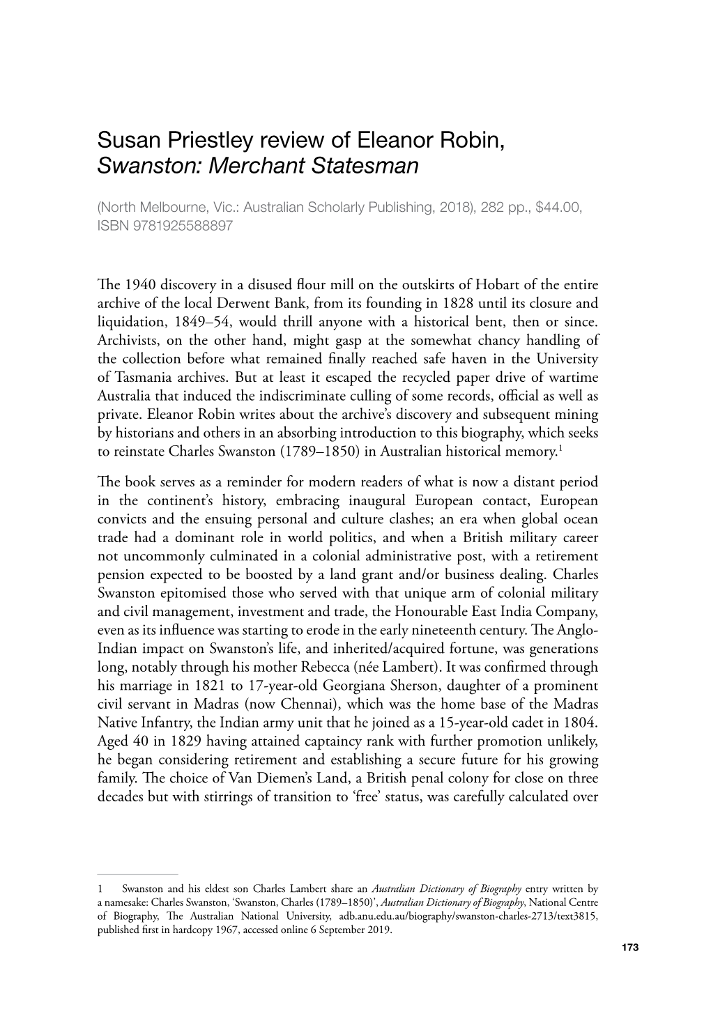 Susan Priestley Review of Eleanor Robin, Swanston: Merchant Statesman