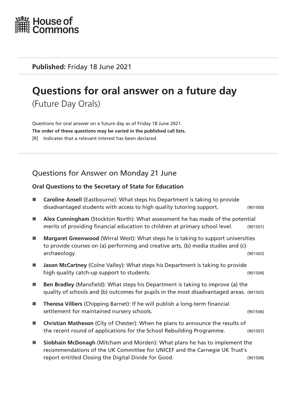 Questions for Oral Answer on a Future Day (Future Day Orals)