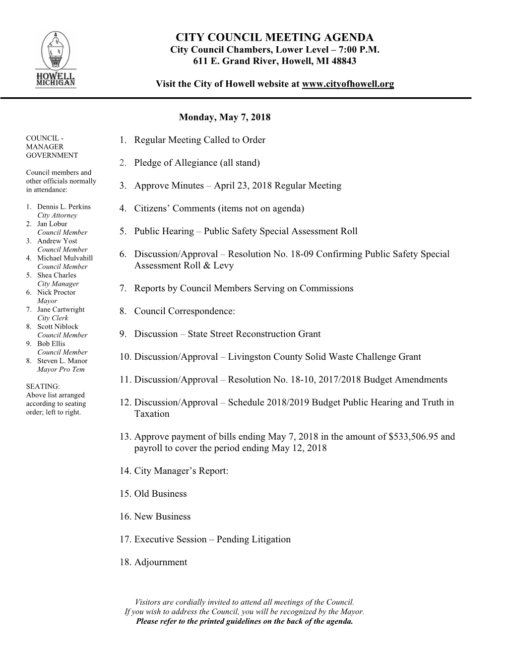 CITY COUNCIL MEETING AGENDA City Council Chambers, Lower Level – 7:00 P.M