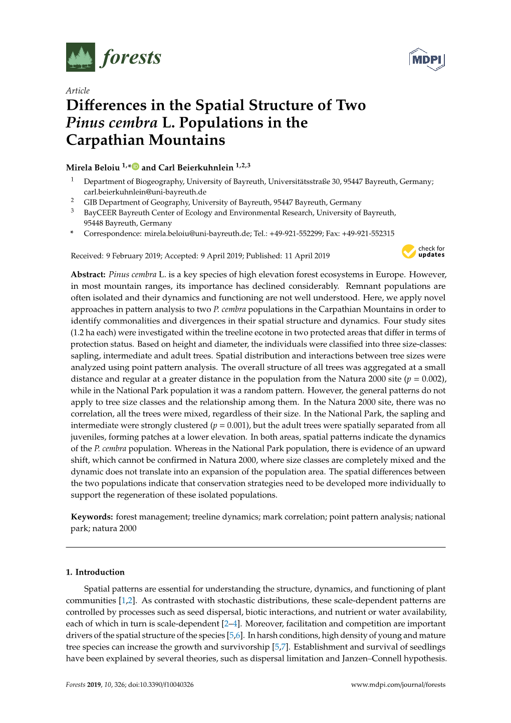 Differences in the Spatial Structure of Two Pinus Cembra L. Populations In