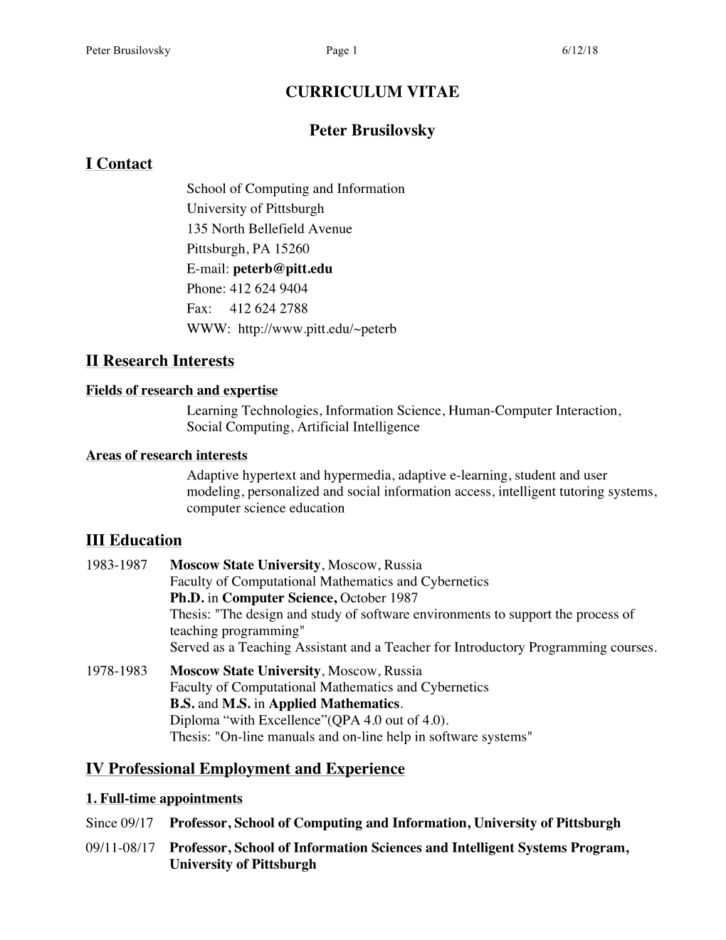 CURRICULUM VITAE Peter Brusilovsky I Contact II Research