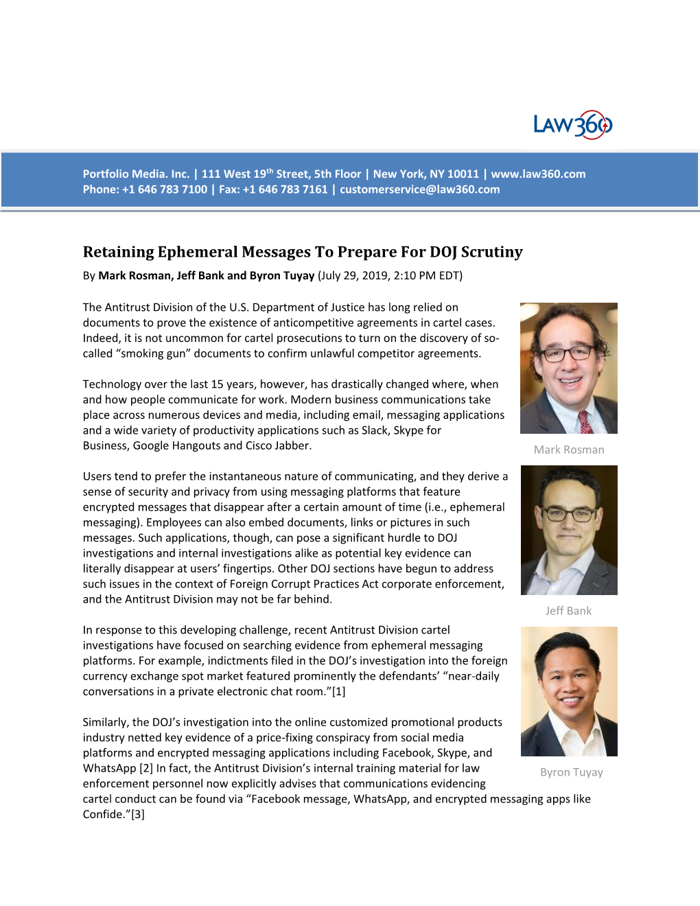 Retaining Ephemeral Messages to Prepare for DOJ Scrutiny by Mark Rosman, Jeff Bank and Byron Tuyay (July 29, 2019, 2:10 PM EDT)