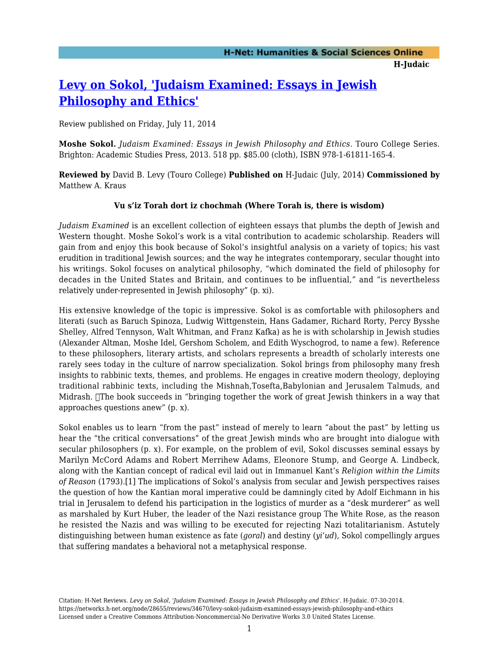 Levy on Sokol, 'Judaism Examined: Essays in Jewish Philosophy and Ethics'