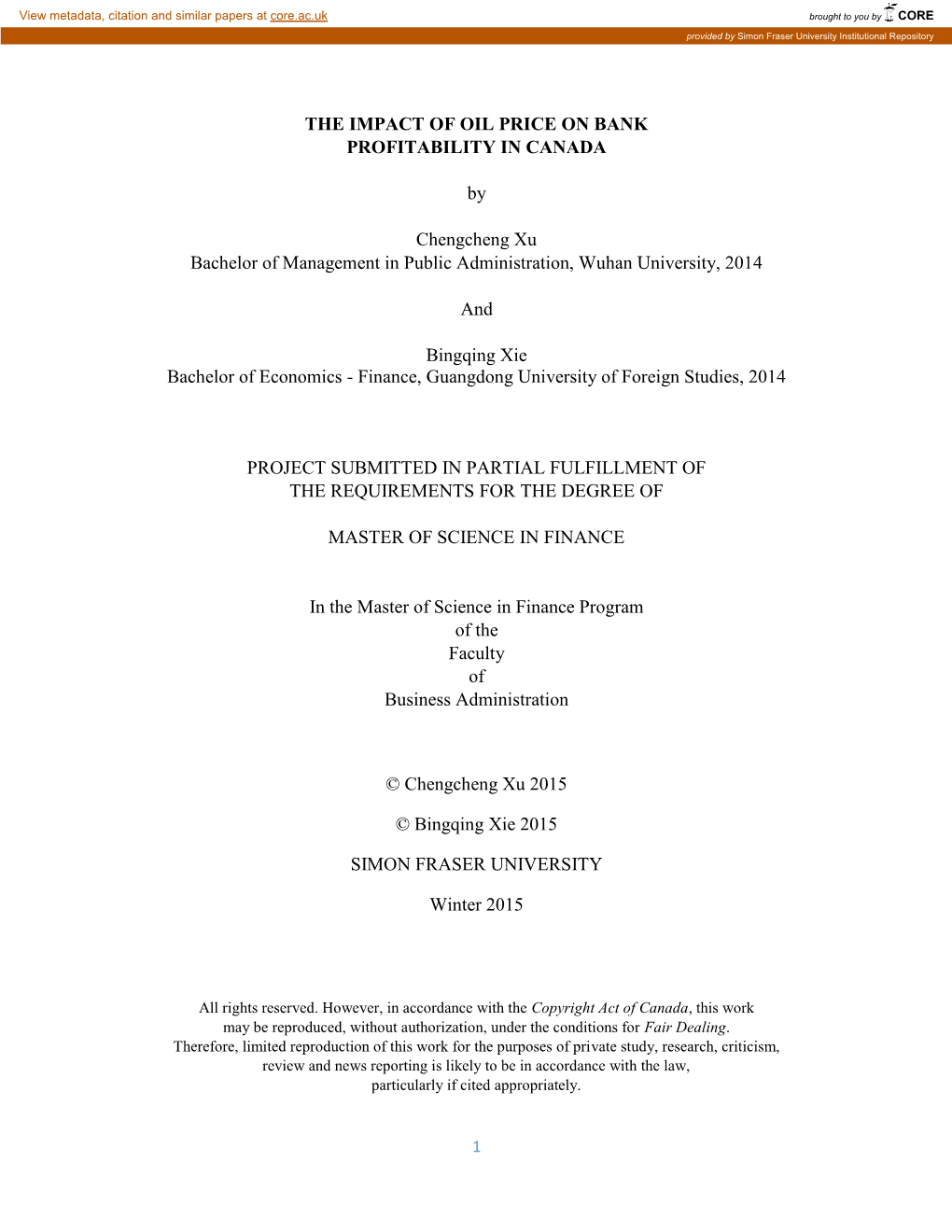 The Impact of Oil Price on Bank Profitability in Canada