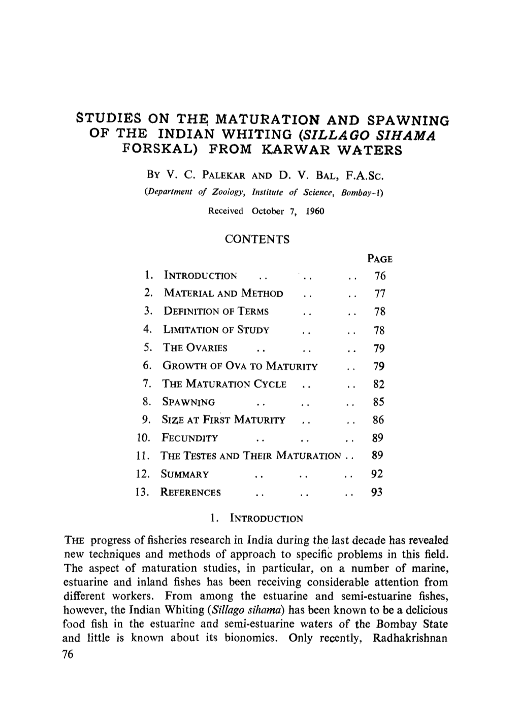 Studies on the Maturation and Spawning of the Indian Whiting (Sillago Sihama Forskal) from Karwar Waters