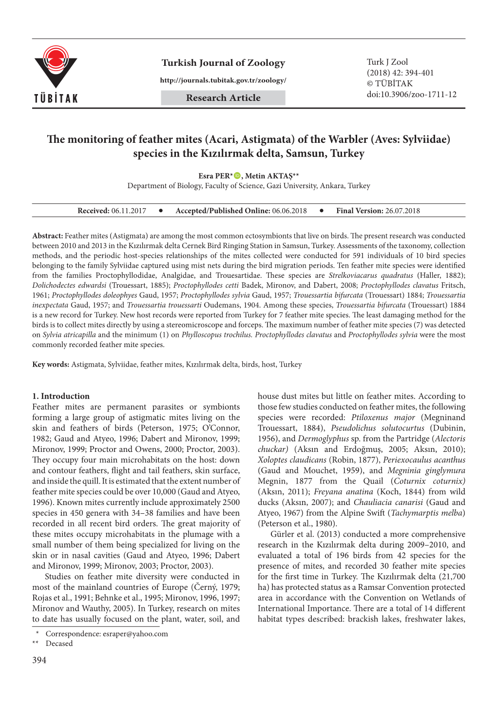 The Monitoring of Feather Mites (Acari, Astigmata) of the Warbler (Aves: Sylviidae) Species in the Kızılırmak Delta, Samsun, Turkey