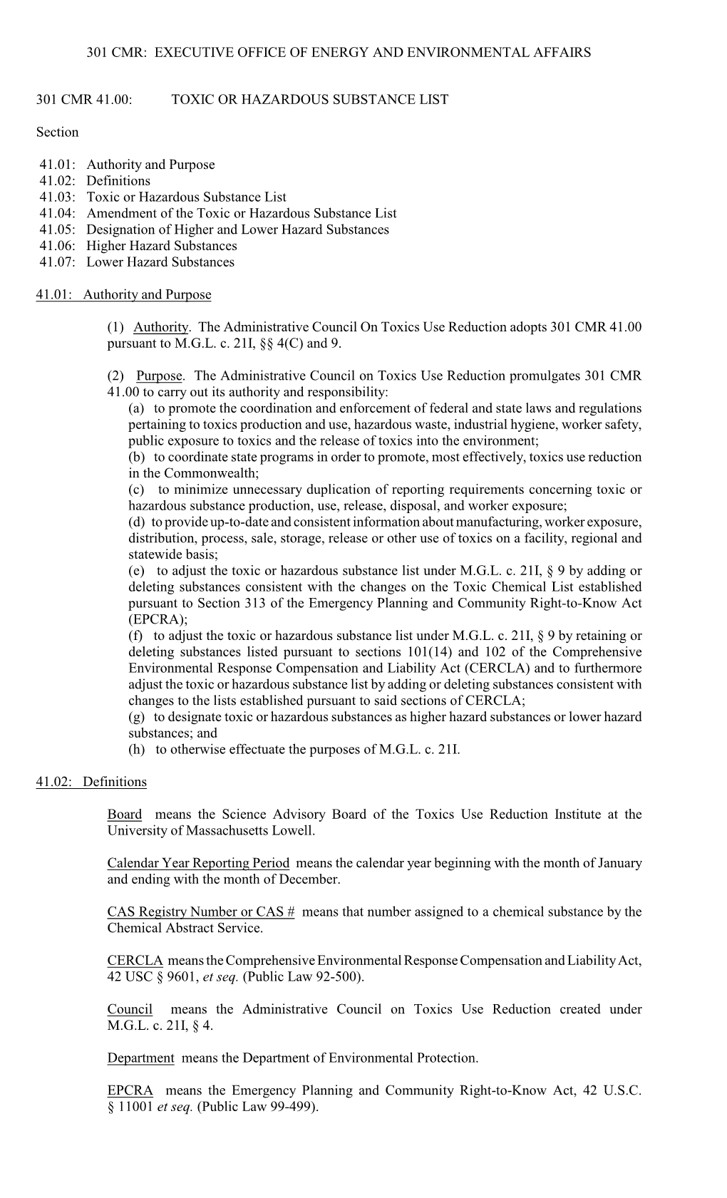 301 Cmr: Executive Office of Energy and Environmental Affairs