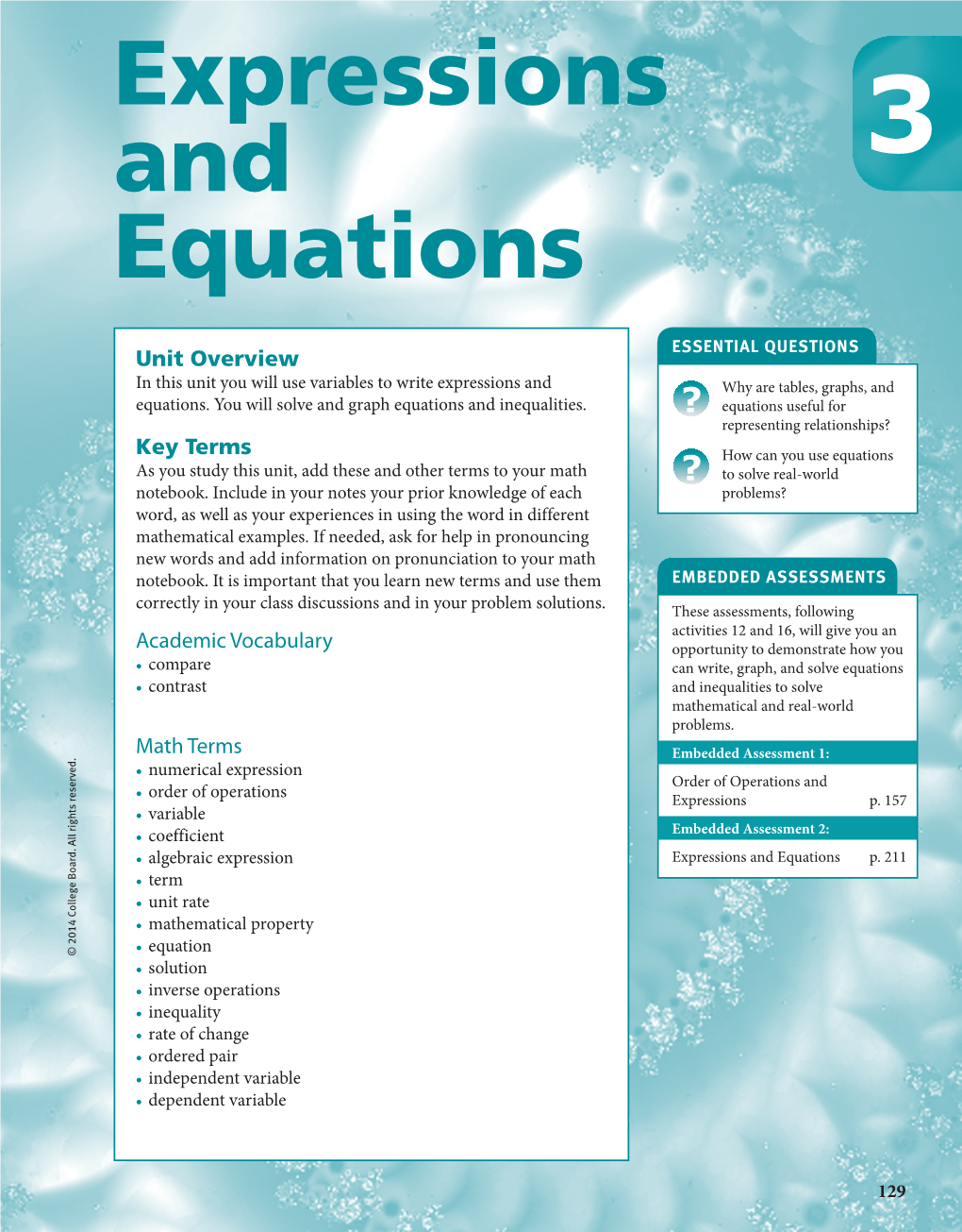 Expressions and Equations Assessment 2: Embedded Expressions Order of Operations and Assessment 1: Embedded Problems